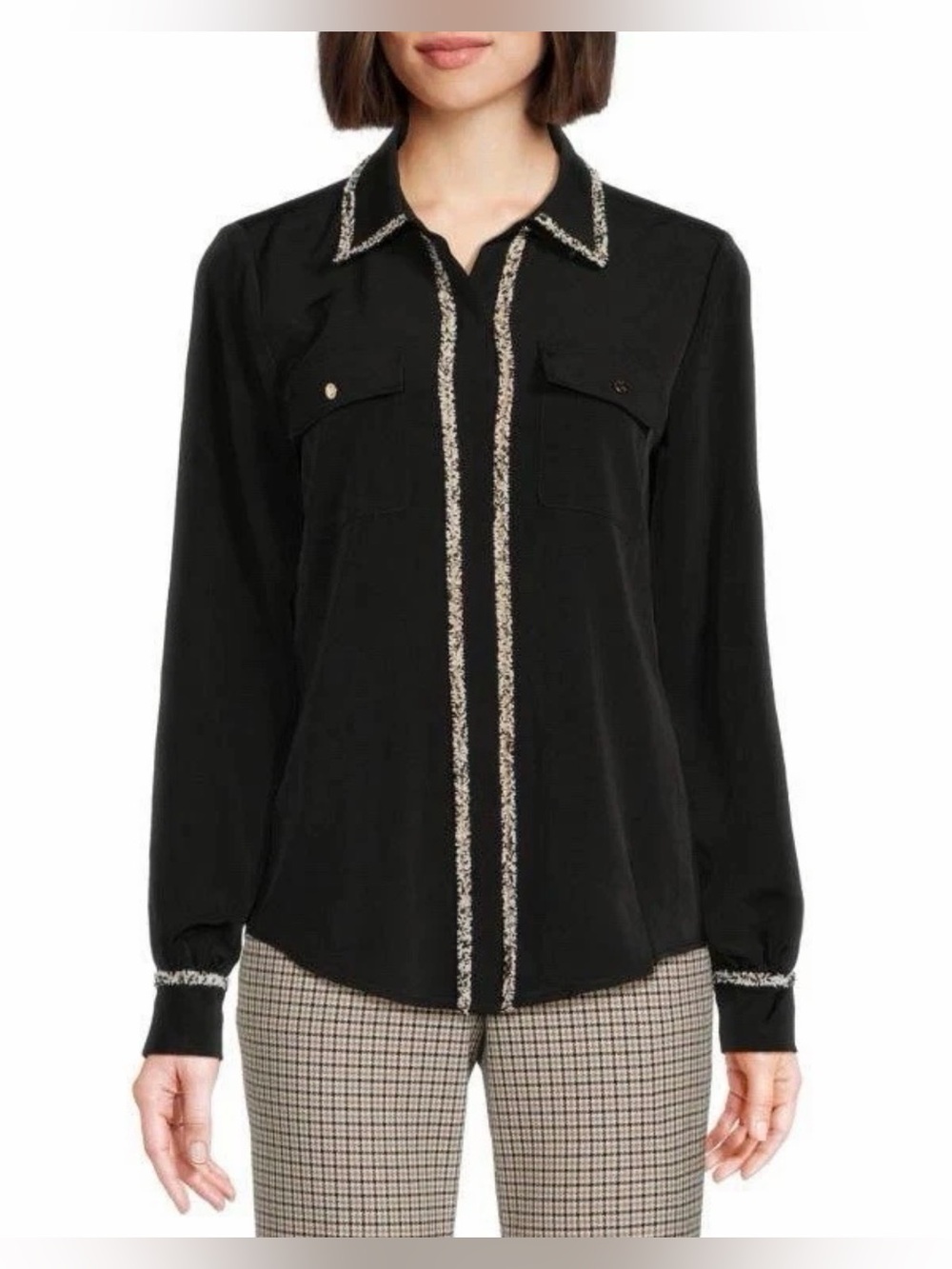 NWT Karl Lagerfeld‎ Paris Women’s Black Fringe Trim Button Shirt Size S